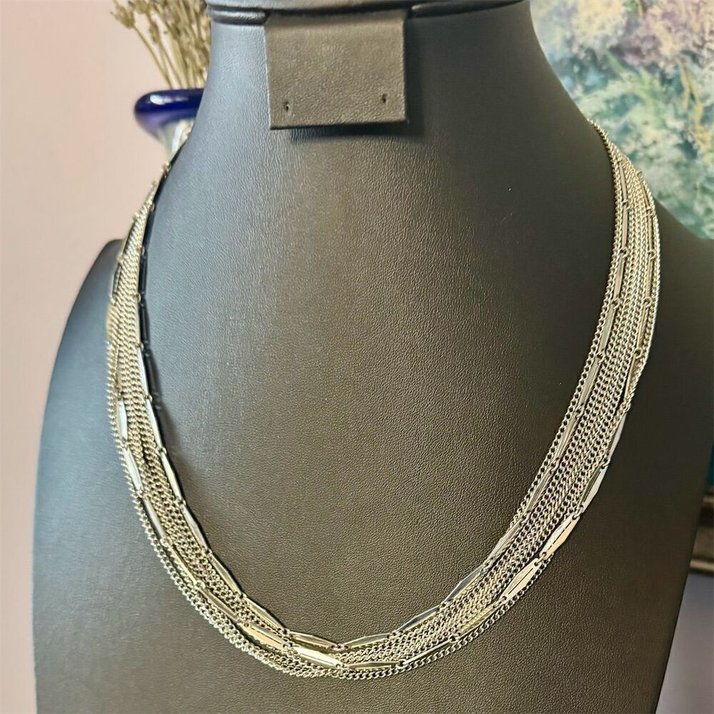 Vintage Multi Strand Silver Tone Statement Necklace 18" Secure Clasp